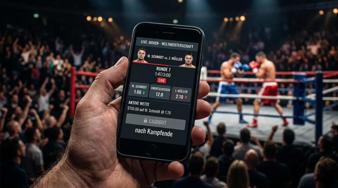 Infografik: Live-Wetten beim Boxkampf mit GluestV-Cashout-Regel und verfügbaren Inplay-Märkten