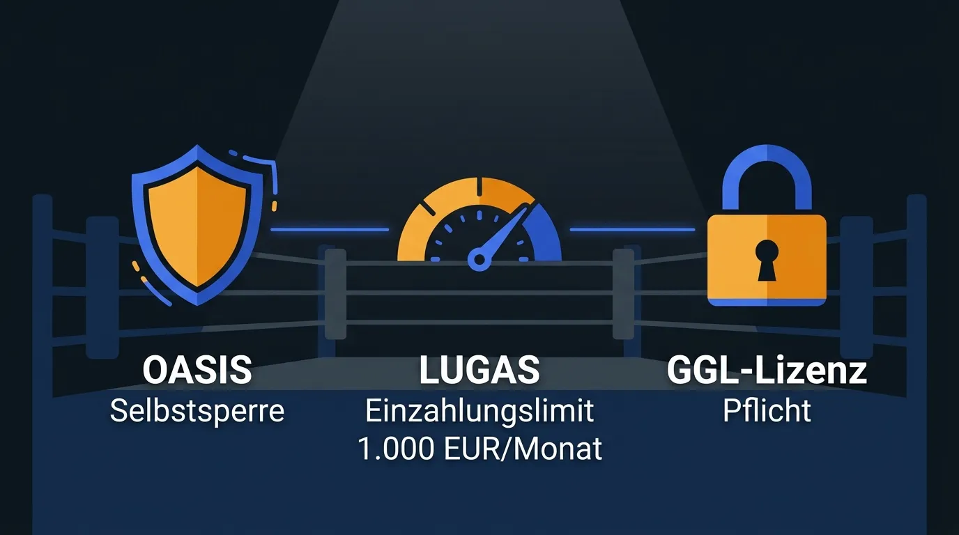 Infografik: Spielerschutz-Instrumente beim Boxwetten in Deutschland mit OASIS, LUGAS und Selbstsperre